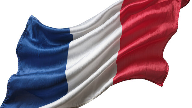 Waving French tricolor flag with blue white and red stripes, isolated on transparent background