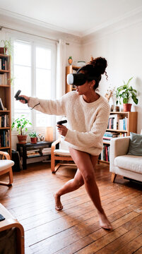 Barefoot woman dancing during an immersive virtual reality game with a headset at home