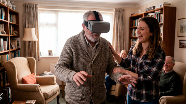 Multigenerational family laughing as a senior man tries a virtual reality headset at home