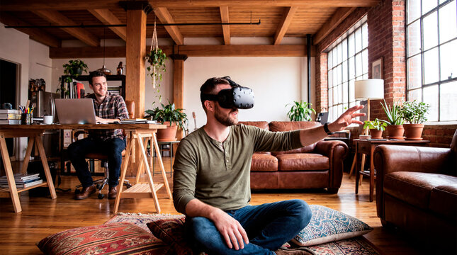 Young man using a virtual reality headset in a modern loft while a friend works nearby