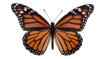 Monarch butterfly with orange black and white patterned wings, isolated on transparent background © Maria