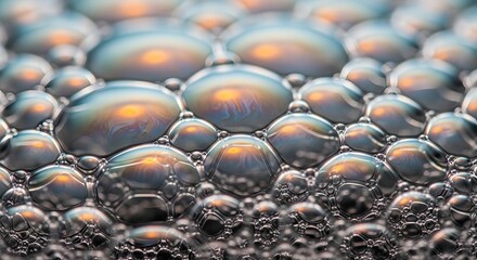 Fototapeta premium Close-up view of iridescent soap bubbles clustered together with colorful reflections.