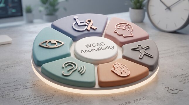 Digital web accessibility concept wheel featuring universal design icons for inclusive technology and wcag compliance standards in a professional office setting