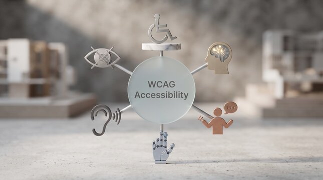 Digital accessibility concept featuring wcag standards with icons representing diverse user needs and inclusive technology solutions in modern design