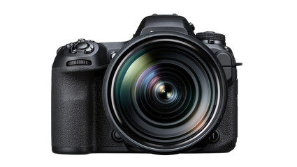 Fototapeta premium Professional black DSLR camera with large lens, isolated on transparent background