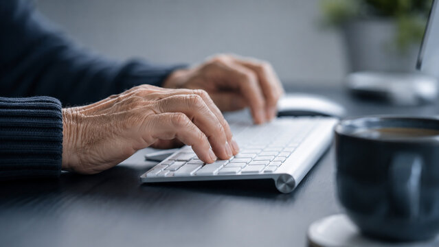 Senior hands using a keyboard for the silver economy