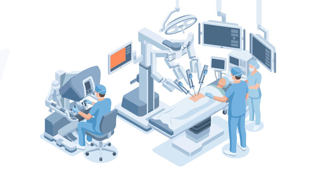 Illustration of surgeons performing a robotic surgery in a hospital operating room with blue tones.