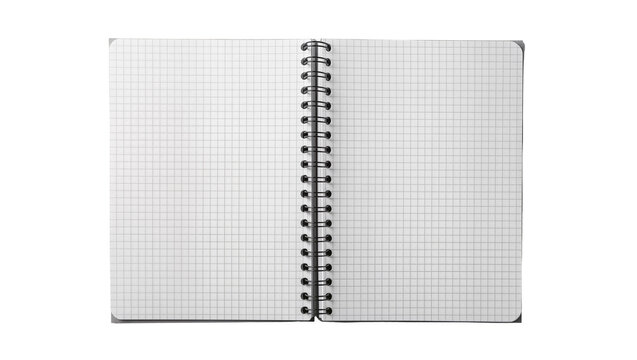 Open spiral bound graph paper notebook with grid lines, isolated on transparent background