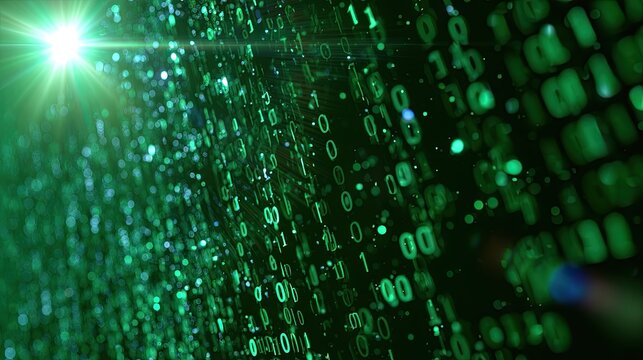 Glowing green digital code streams across a dark, abstract background
