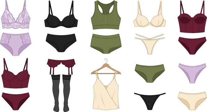 Collection of women underwear and lingerie vector illustrations featuring lace bras corsets garters stockings panties thongs and camisole top isolated on white background
