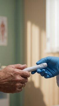Healthcare Professional Handing Generic Medical Device to Patient During Medical Consultation