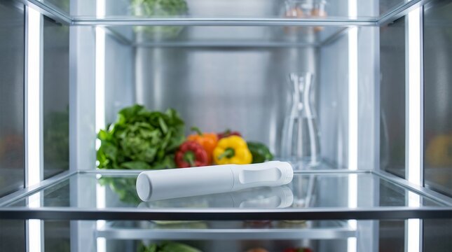 Generic Medical Device Stored Inside Clean Home Refrigerator, Safe Healthcare Storage and Daily Routine Concept
