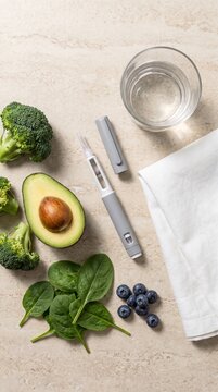 Healthy Morning Routine with Fresh Nutritious Food and Generic Medical Device on Modern Kitchen Counter