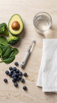 Healthy Morning Routine with Fresh Nutritious Food and Generic Medical Device on Modern Kitchen Counter