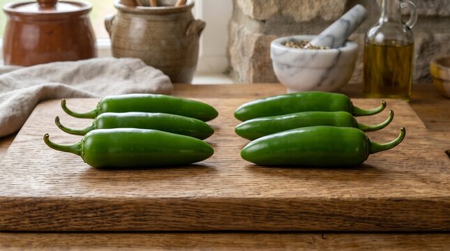 Fresh green jalapeno peppers on a wooden cutting board