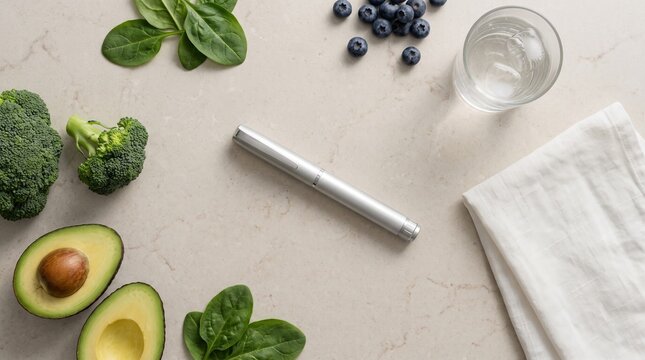 Healthy Morning Routine with Fresh Nutritious Food and Generic Medical Device on Modern Kitchen Counter