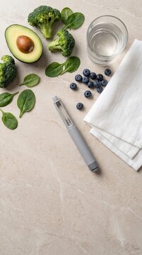 Healthy Morning Routine with Fresh Nutritious Food and Generic Medical Device on Modern Kitchen Counter