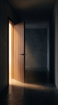 Modern Wooden Door Slightly Open with Warm Light in Minimalist Hallway, Opportunity and New Beginning Concept