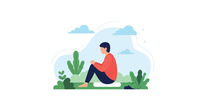 A flat vector illustration depicting a lonely man sitting on the grass in a peaceful park, surrounded by lush green plants and soft clouds.