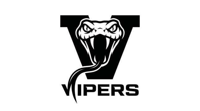Black and white logo featuring a fierce snake with open mouth