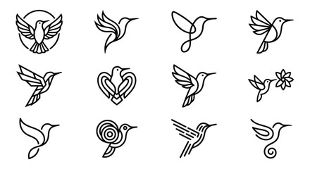 Black line art hummingbird icons. © Wawan