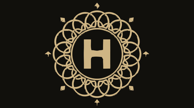 Decorative emblem with a large letter 'H' surrounded by intricate circular patterns