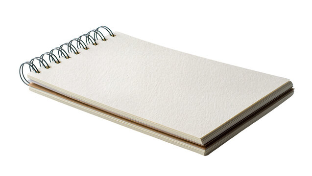 Blank spiral bound notepad with textured paper pages, isolated on transparent background