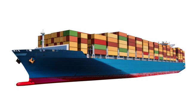 Massive blue cargo ship loaded with colorful stacked containers, isolated on transparent background