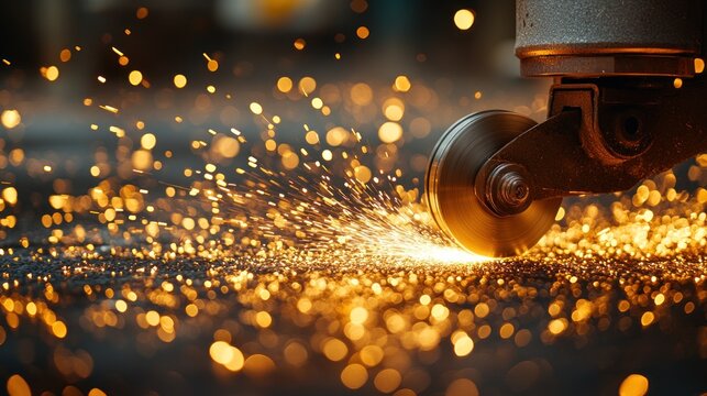 Angle grinder sparks fly during metal cutting process in an industrial workshop.