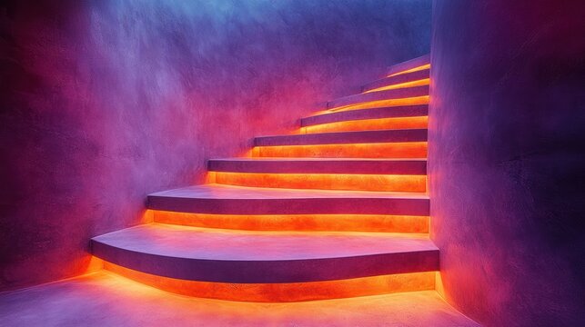 Modern curved staircase with glowing orange neon lights