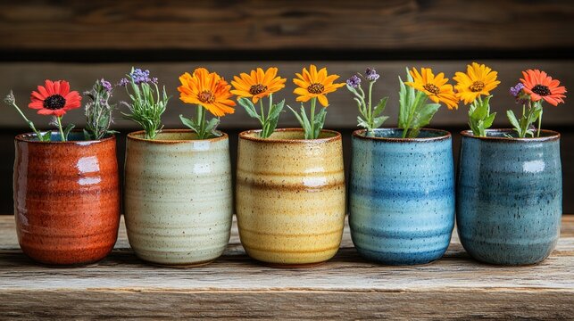 Vibrant fresh flowers in handcrafted ceramic pots on a rustic wooden table.