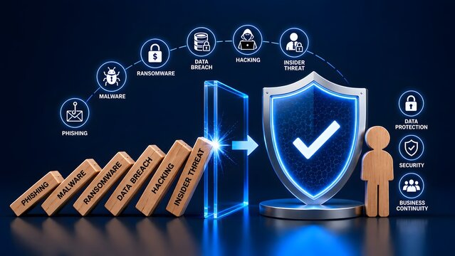 Cybersecurity shield stopping falling dominoes of digital threats representing data protection and business continuity against hackers