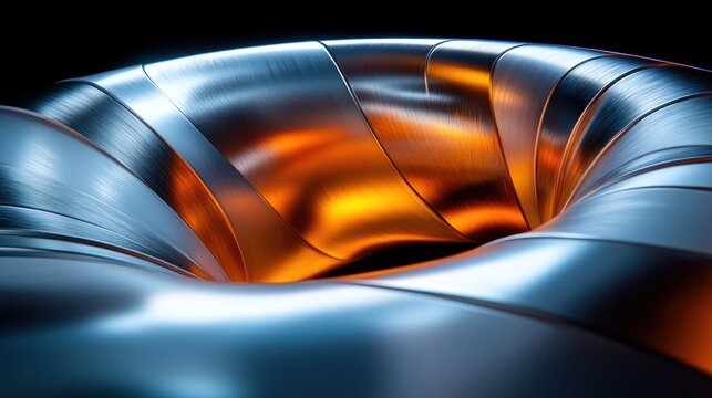 Abstract futuristic 3D torus with brushed metal textures and neon light reflections