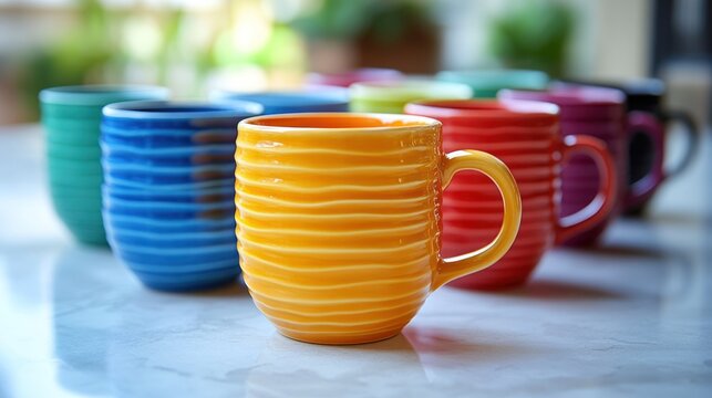 Row of colorful ceramic coffee mugs on a bright kitchen counter.