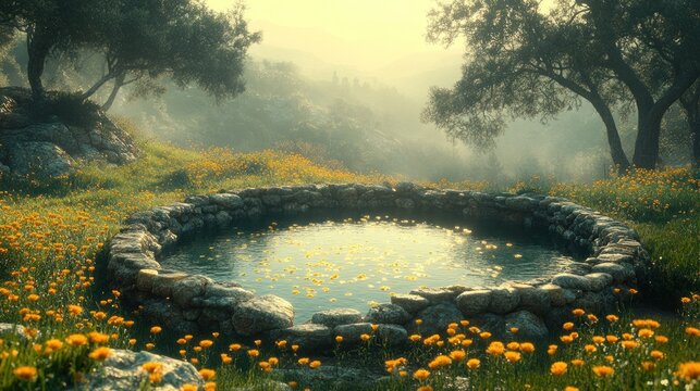 Misty morning landscape with a stone water pool in a wildflower meadow