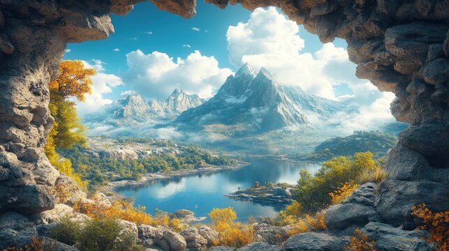 Beautiful view of majestic mountains and a lake framed by a stone cave.