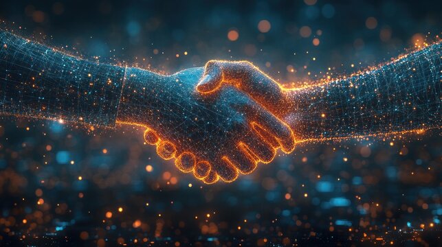 Digital Handshake Illustrating Global Connection and Technology Partnership