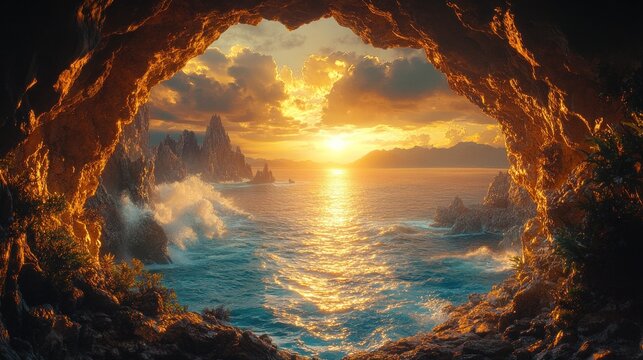Beautiful ocean sunset viewed from inside a rocky coastal cave