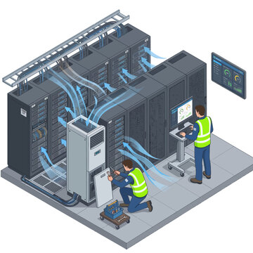 Isometric illustration of two technicians working on a server room with cables and equipment