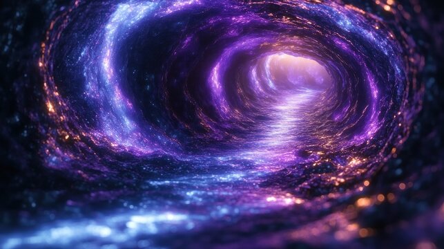 Abstract cosmic wormhole tunnel with glowing purple and blue light.
