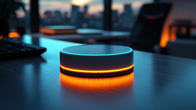 Smart speaker device with glowing lights on a modern office desk.