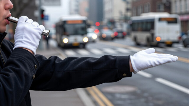 Person in white gloves directing traffic with a whistle