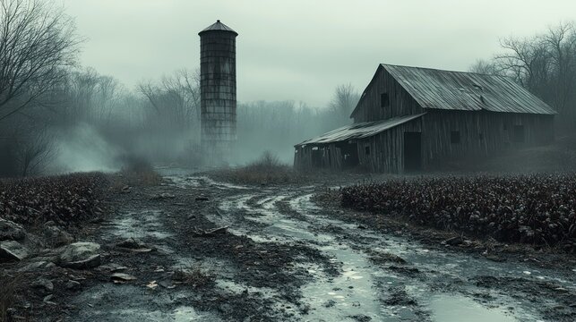 Abandoned Farm in Fog: A Desolate Rural Landscape
