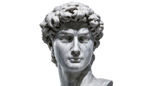 Marble sculpture of David s head with curly hair, isolated on transparent background