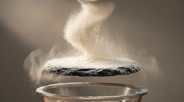 All purpose flour being sifted through a fine mesh strainer onto a rustic slate stone floating above a metal mixing bowl in a professional studio setup