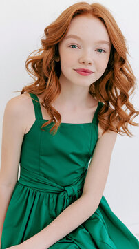 Young Girl Smiling in Green Dress with Curly Hair Portrait Close Up