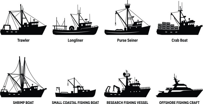 Commercial Fishing Boat Silhouette Collection Featuring Trawler Longliner and Work Vessel Vector Set