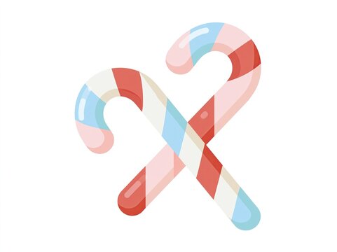 Flat minimal pastel vector illustration of crossed candy canes, simple holiday icon with soft shapes, isolated on white.