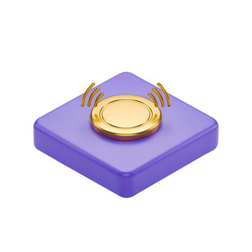 3d illustration of a purple square with a gold button and signal waves isolated on transparent background