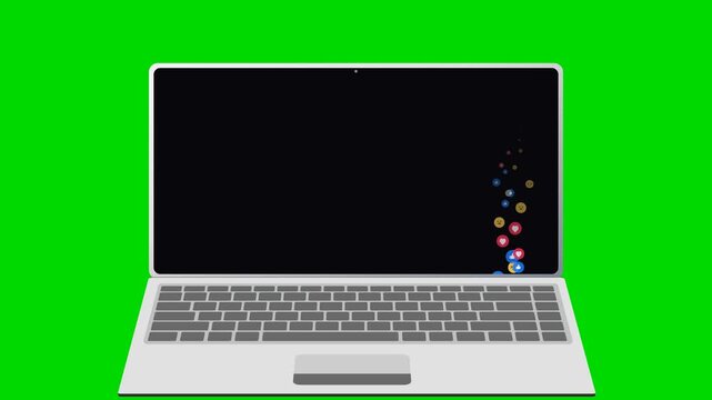 Social Media Icons Floating on Laptop Screen Animation. 4K Video